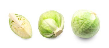 Beyaz lahana seti beyaz arka planda izole edilmiş. Taze sebze koleksiyonu üst görünümü