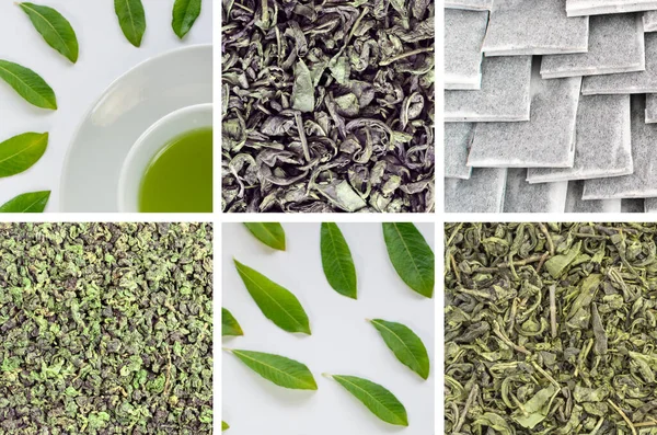 ティーバッグ付きの緑茶カップと白を基調とした新茶葉 — ストック写真