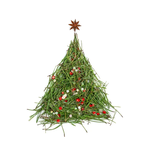 Christmas Tree Shape Made Made Fir Needles Isolated White Background — Stock Photo, Image