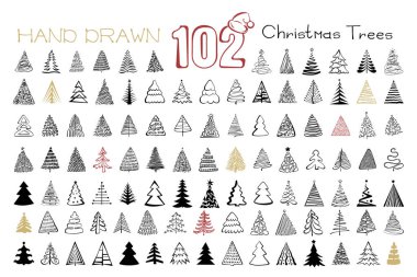 El çizimi Noel ağacı simgesi beyaz arka planda izole edilmiş. Noel ağacı karalama simgeleri koleksiyonu, yeni yıl çizimleri köknar sembolleri. El çizimi vektör taklit