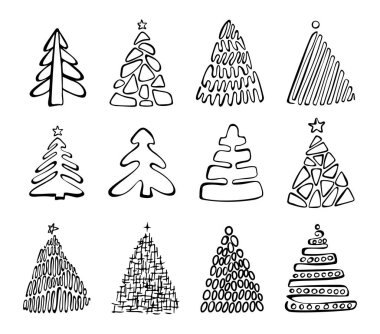 El çizimi Noel ağacı simgesi beyaz arka planda izole edilmiş. Noel ağacı karalama simgeleri koleksiyonu, yeni yıl çizimleri köknar sembolleri. El çizimi vektör taklit