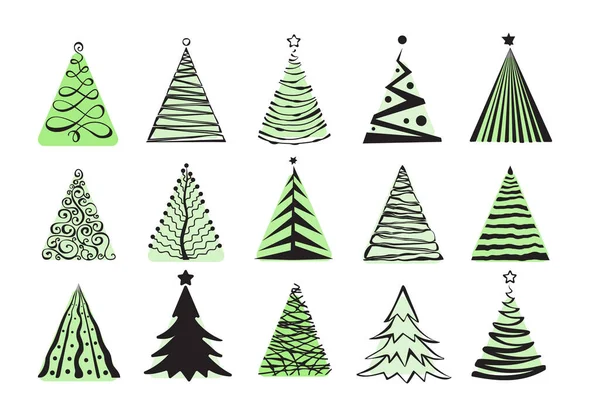 Hand Drawn Christmas Tree Icon Set Isolated White Background Xmas — Stock Vector