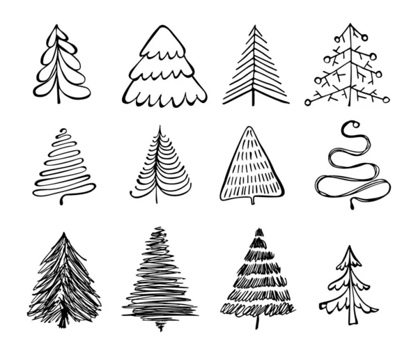 手绘圣诞树图标设置隔离在白色背景 圣诞树涂鸦图标收集 新年素描杉木符号 手绘矢量模拟 — 图库矢量图片