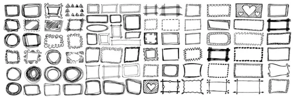 手描きの長方形と丸枠セット 漫画のベクトルの正方形の境界とボックス 孤立した鉛筆効果の形 — ストックベクタ