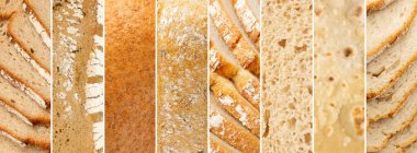 Ekmek Dokuları Yemek Kolajı. Çeşitli Ev Yapımı Fırın Ürünleri Koleksiyonu, Farklı Dilimler ve Tüm Ekmek Karışımı