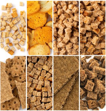Kuru çıtırlar Rusks Gıda Kolajı. Çeşitli Ekmek Küpleri Koleksiyonu, Farklı Ekmek Kırıntıları Karıştırma, Crouoton veya Kızarmış Kraker Küpleri