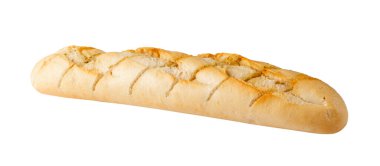 Beyaz arka planda izole edilmiş sarımsaklı tereyağlı ve aromatik otlu baget. Çiğnenmiş ekmek, mis kokulu yağ ve baharatla