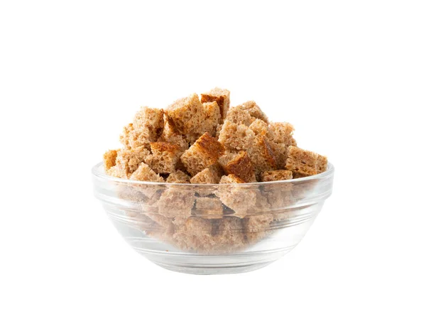 Pile Homemade Rye Bread Croutons Glass Bowl Isolated White Background — Stock Photo, Image