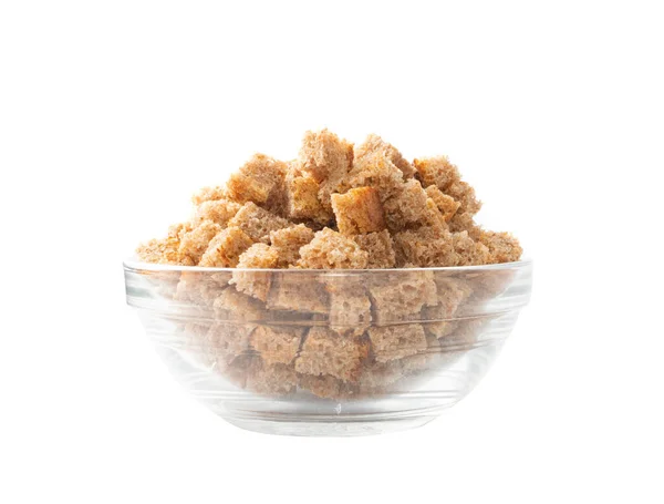 Pile Homemade Rye Bread Croutons Glass Bowl Isolated White Background — Stock Photo, Image