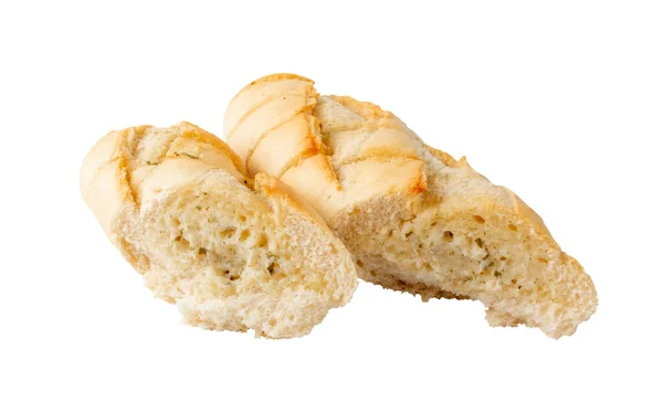 ニンニクバターと芳香族ハーブを白の背景に隔離されたバゲット 香り高い油とスパイスの壊れたパン — ストック写真