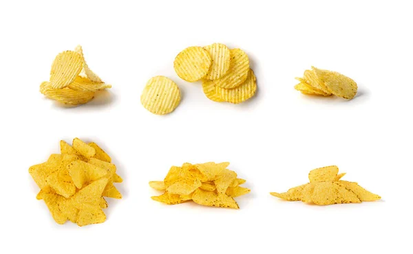 Heap Triangle Corn Potato Chips Isolated White Background Mexican Nachos — Stock Photo, Image