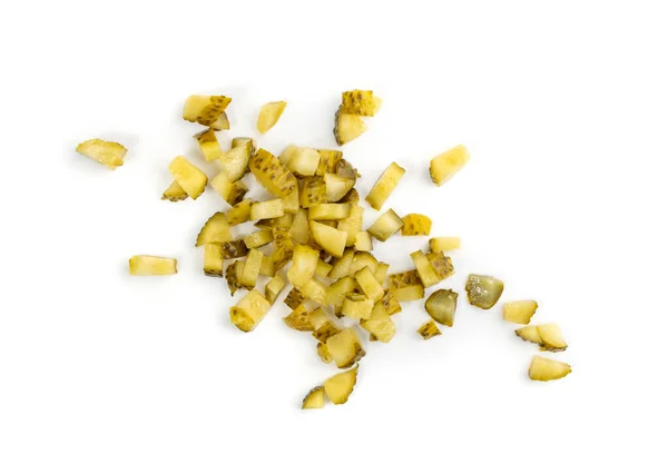 Diced Pickled Gherkins Chopped Pickled Okurky Izolované Bílém Pozadí Skartované — Stock fotografie