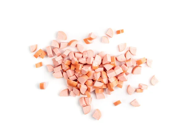 Diced Ham Isolated on White Background. Chopped Boiled Baloney Sausage, Cubed Mortadella Top View — Stock Image Diced Ham Isolated White Background Chopped Boiled Baloney Sausage Cubed Stock Image