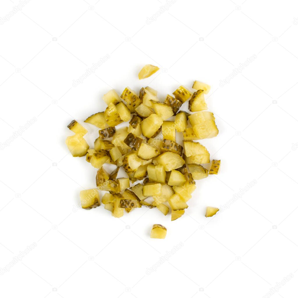 Diced Pickled Gherkins, Chopped Pickled Cucumbers Isolated on White Background. Shredded Fermented Cucumber Top View