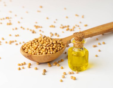 Küçük bir şarap şişesinde hardal tohumu yağı izole edilmiş. İlaç kavanozunda bir yığın Mostarde tohumu ve organik gerekli yağ var. Moutarde özü, tütsü, özü, özütü ya da beyaz arkaplan üzerine aşılama