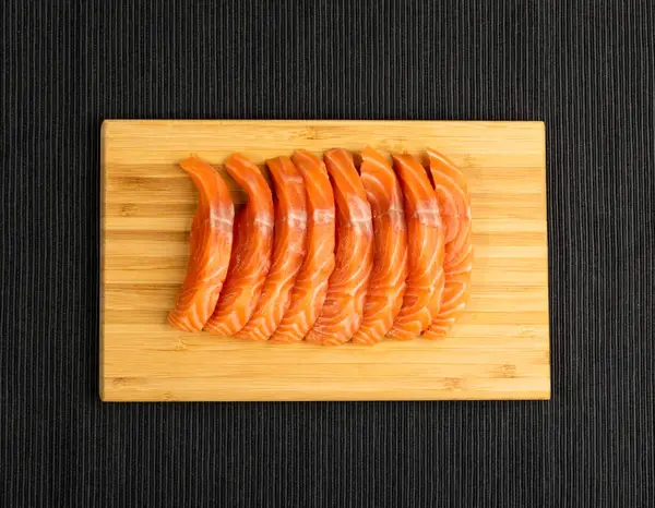 Slices Raw Salmon Fillet Wood Background Top View Thick Pieces — Stock Photo, Image