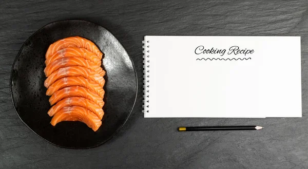 Fish Cooking Recipe Mockup Raw Salmon Fillet Black Background Top — стокове фото