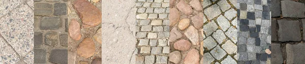 Old Stone Pavement Texture Collage Various Granite Cobblestone Road Patterns — Stock Photo, Image