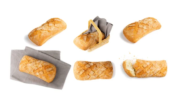 自制的新鲜烘焙传统面包集 独立于白色背景顶视图 意大利肉质面团粗面包的全麦面包 — 图库照片