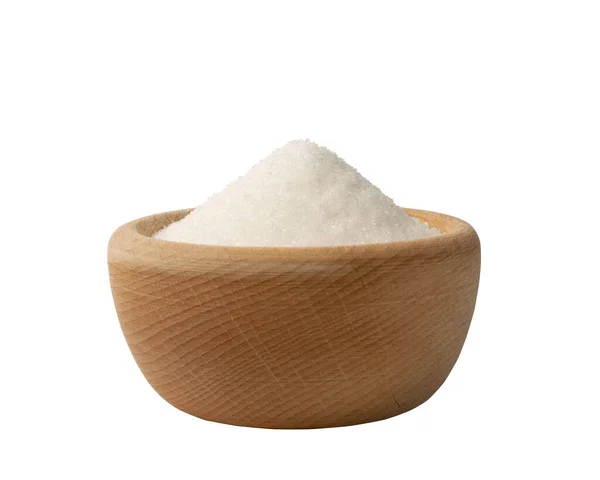Heap Sötningsmedel Sand Träskål Raffinerat Granulerat Socker Isolerat Vit Bakgrund — Stockfoto