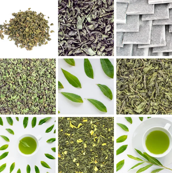 緑茶葉のコラージュ 様々なドライティーコレクション 異なる緑のドリンクミックス 盛り合わせ — ストック写真