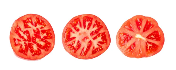 Tomates Rodajas Aislados Vista Superior Puesta Plana Sección Transversal Tomate —  Fotos de Stock