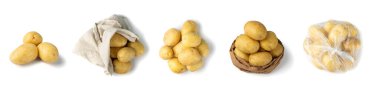 Beyaz arka planda izole edilmiş çiğ patates seti. Sarı biyo patatesler plastik poşetlerde