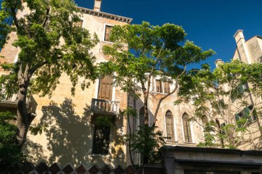 İtalya, Venedik 23 Temmuz 2020: Ünlü İtalyan Venedik 'in, Antik Venedik Evlerinin ve Yeşil Ağaçların Editör Resimleri