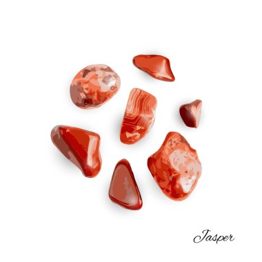 Jasper çakıl taşları izole. Kırmızı sardoniks parlatılmış taşlar, çiğ turuncu akik çakıl taşı seti, Jasper değerli taşları, Carnelian karabatak vektör çizimi
