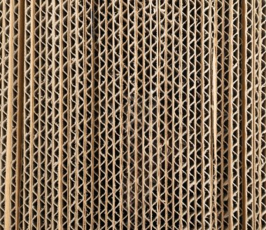 Oluklu karton kenar katmanları desenli arka plan. Kopya Alanı ile Karton Kesim Dilimleri Deseni, Kopyalanmış Kraft Kağıt Duvar Kağıdı, Kahverengi Paketleme Vintage Kağıt Üst Görünümü