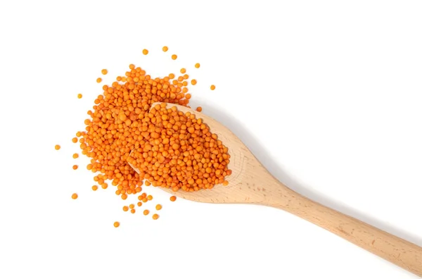 Red Lentils Pile Wood Spoon Isolated Dry Orange Lentil Grains — Stock Photo, Image