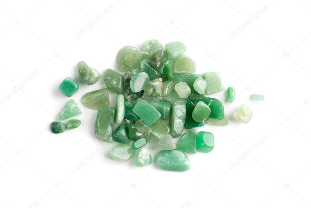 Green quartz pebbles isolated. Aventurine polished stones, raw chrysoprase pebble set, gemstones cabochon top view