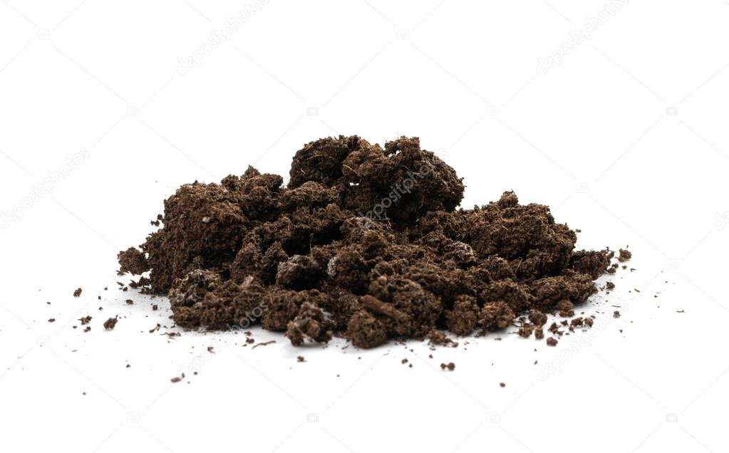 Fertilized dry dirt soil isolated. Dried ground pile, manure soil, arid dirt, natural black dirty earth texture on white background side view