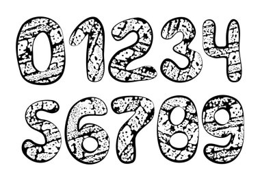 Bir grup grunge numarası. Eski el çizilmiş sayı şekilleri, retro yazı tipi koleksiyonu, vektör illüstrasyonu