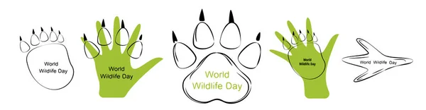 World Wildlife International Day Animal Footprints Human Hands World Conservation — Stockový vektor