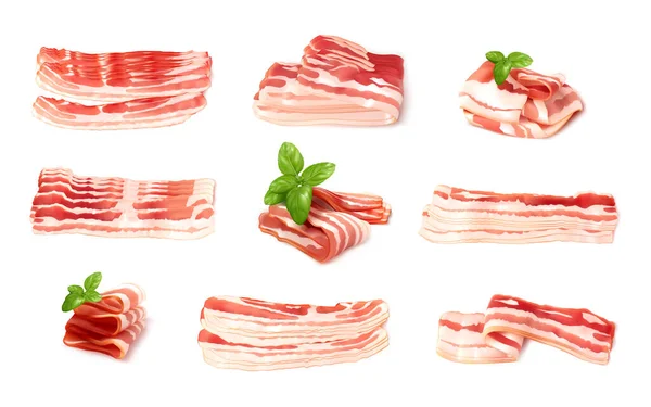 Potongan Daging Yang Terisolasi Prosciutto Jamon Cut Raw Bacon Slices - Stok Vektor