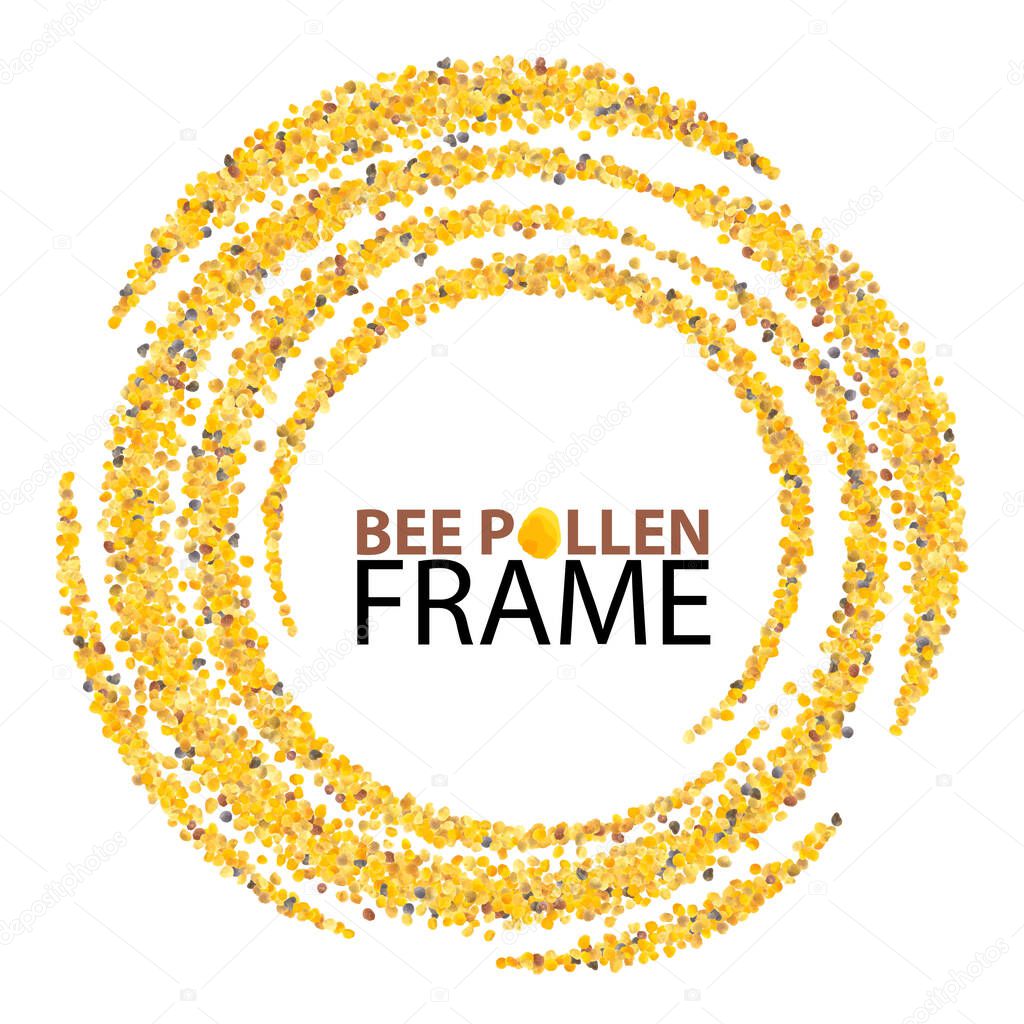 Bee pollen round frame. Perga border, yellow flower pollen grains texture background, bee bread vector frames