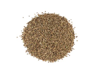 Kenevir tohumları izole edilmiş, kenevir taneleri, marihuana çekirdekleri, beyaz arka plan görünümlü kenevir tohumları yığını