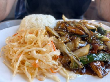 Sebzeli ve pirinçli Vietnam tavuğu. Lahanalı tavuk fileto, kabak, kalın soslu baharat, pirinç mezesi ve lahana salatası.