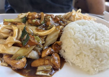 Sebzeli ve pirinçli Vietnam tavuğu. Lahanalı tavuk fileto, kabak, kalın soslu baharat, pirinç mezesi ve lahana salatası.