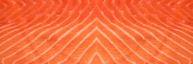 Doğal Atlantik Somon Fileto Şablonu Kapanışı. Makro Fotoğraf Taze Kırmızı Balık veya Alabalık Arkaplan Üst Görünümü