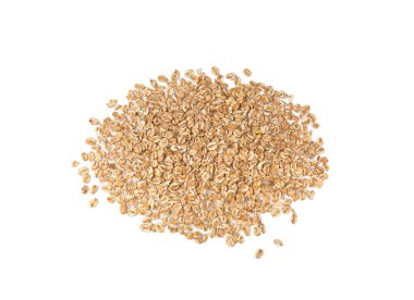 Hecelenmiş taneler izole edilmiş, çiğ çiğ, yuvarlanmış yulaf taneleri, buğday, yulaf ezmesi ya da kepek, müsli ya da beyaz arka planda izole edilmiş granola için arpa çavdar gevreği.