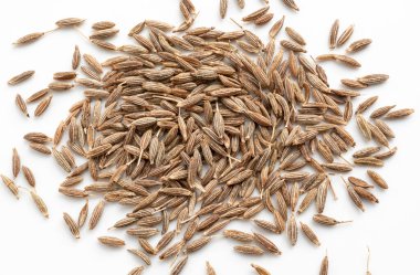 Kimyon izole edildi. Kaz ya da rezene çekirdekleri yakın çekim, zeera makro, Hint kimyon ya da zira tahıllar üst görünüm, Asya mutfağı baharat jeera veya beyaz arka plan üst görünüm kimyon