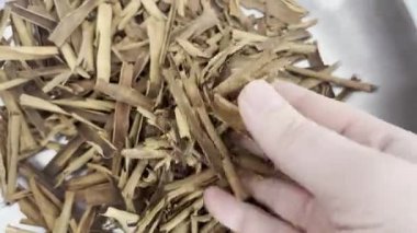 El Kırık Seylan Tarlasından Geçer Tarçın Tarlasının Kalitesini Kontrol Eder Tarçın Kabuğu Parçaları, Zeylanicum, Hakiki Özgün Tarçın Çubukları, Kurumuş Ezilmiş Aromatik Kabuk