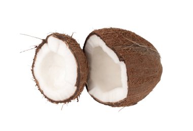 Hindistan cevizi parçaları, kırılmış hindistan cevizi, izole edilmiş taze tropikal palmiye ağaçları, açık hindistan cevizi kesikleri, doğal süt, beyaz arka planda yağ bileşeni.