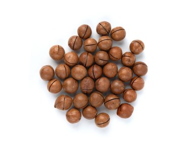 Macadamia fındık grubu izole edildi. Doğal çiğ çiğ macadamia tohumları ve kabukları, beyaz arka planda dünyanın en sert ve en pahalı fındıkları.