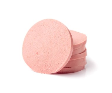 Mortadella Dilimlenmiş, Öğle Yemeği Et Kesimi, Tavuk Jambonu, Kahvaltı İçin Haşlanmış Sosis, Mortadella Dilimleri Beyaz Arkaplanda