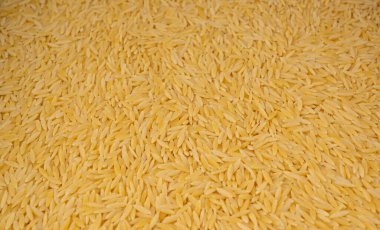 Çiğ orzo makarna yığını dokulu arka plan. Pirinç tanesi şeklinde risoni makarnası, Yunan Kritharaki desenli üst görünüm