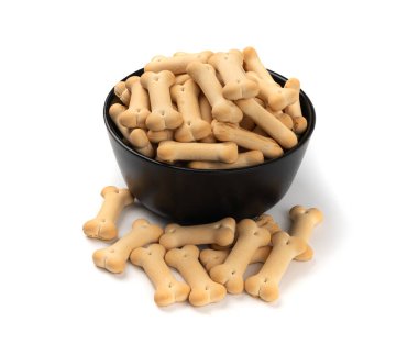 Siyah kasedeki köpek bisküvileri, yumuşak çıtır evcil hayvanlar, aromalı küçük köpek kurabiyeleri, kemik şekilli bisküviler, beyaz arka planda köpek maması eğitimi.