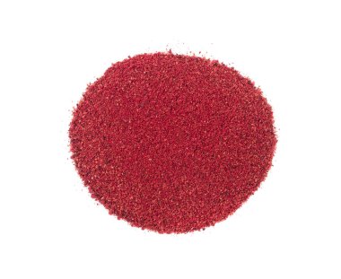 Sumac Tozu İzole Edilmiş, Kırmızı Sumach Zemin Seasoning, Kuru Sumak, Ezilmiş Typhina Tohumları, Doğal Sumach Tozu, Sumac Baharatları Beyaz Arkaplan Üst Görünümünde